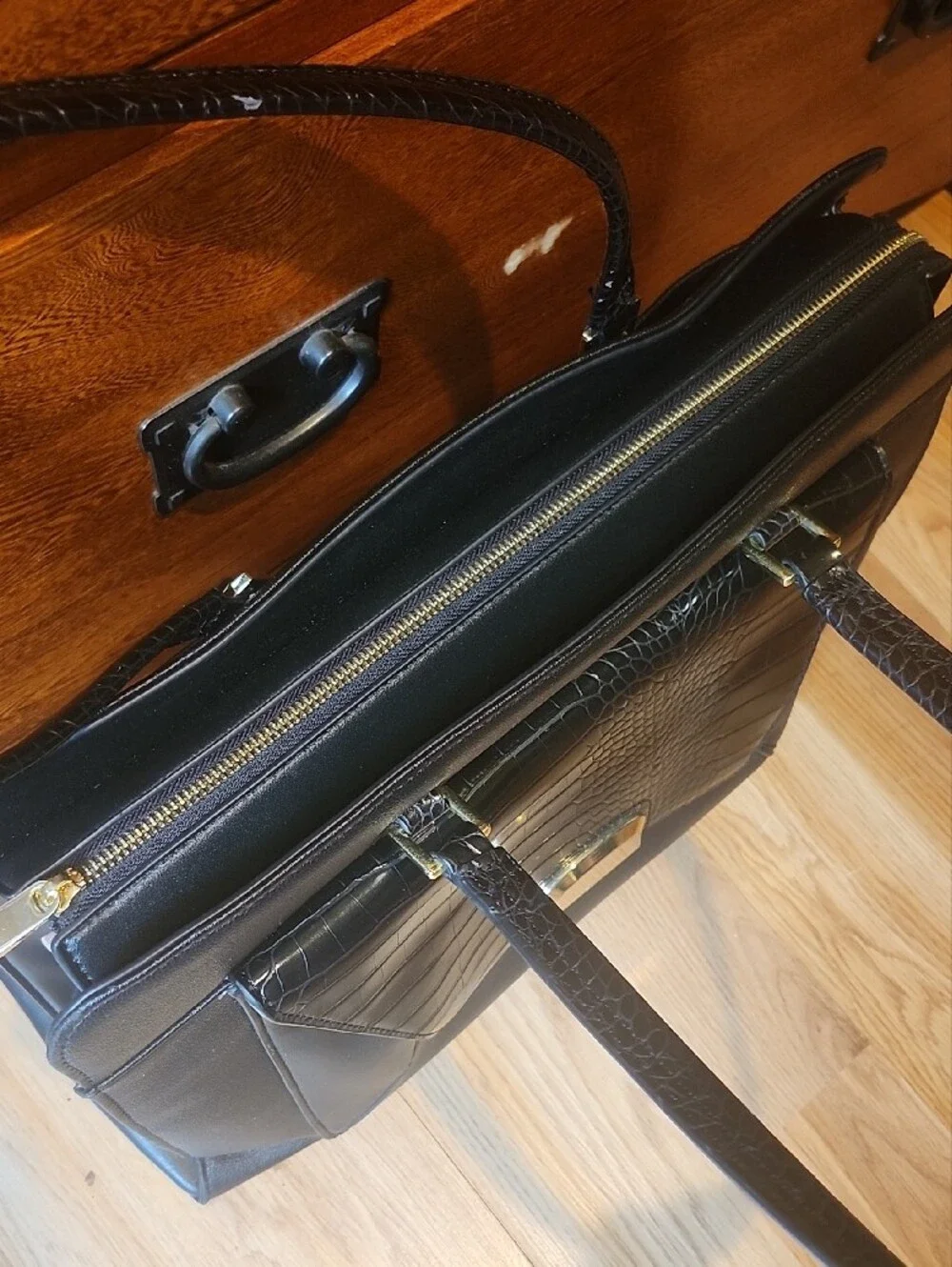 Black Structured Tablet Tote Bag with Croc-Texture Flap